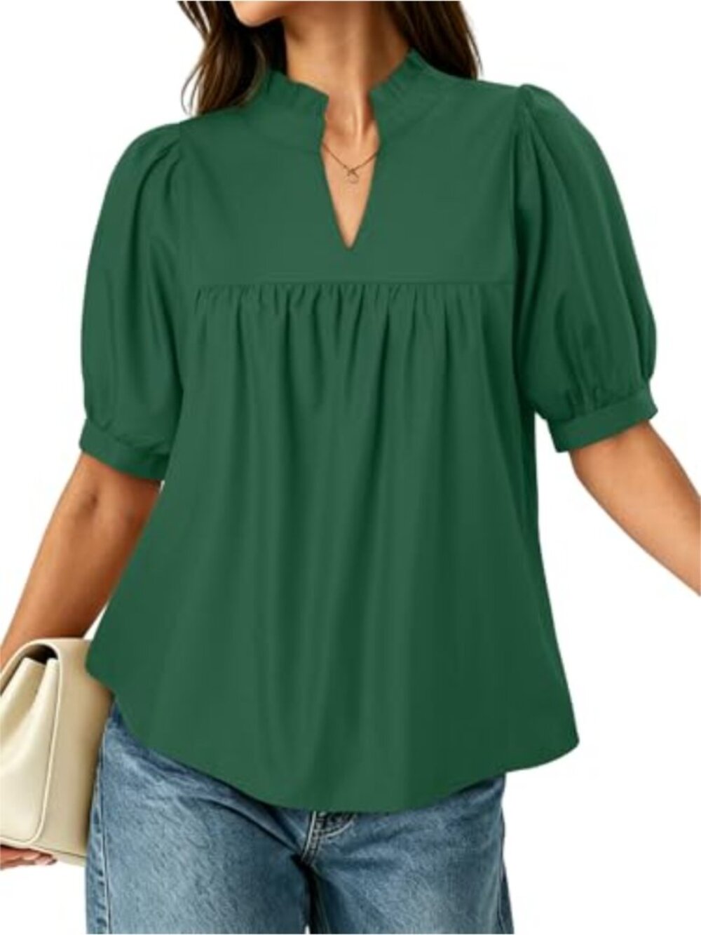 Puff Sleeve V Neck Peplum Blouse Pleated Loose Fit Dressy Casual